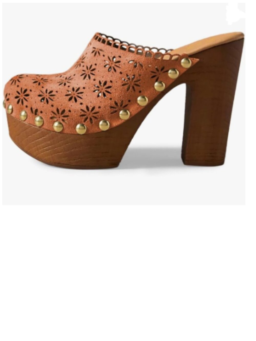 FOWT Brown Studded Round Toe Floral Cut Out Platform Mules Chunky Heel Sandals